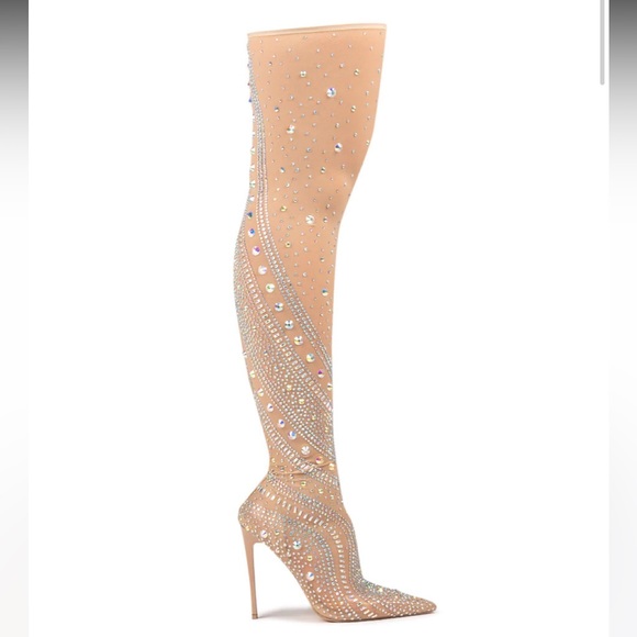 Azalea Wang Roxy Rhinestone Thigh High Stiletto Boot in Nude - 8 - Picture 2 of 5